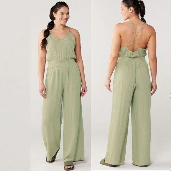 prAna Fernie Jumpsuit Womens XL Wide Leg Green Modal Gauze Crinkle Fabric - Picture 1 of 8